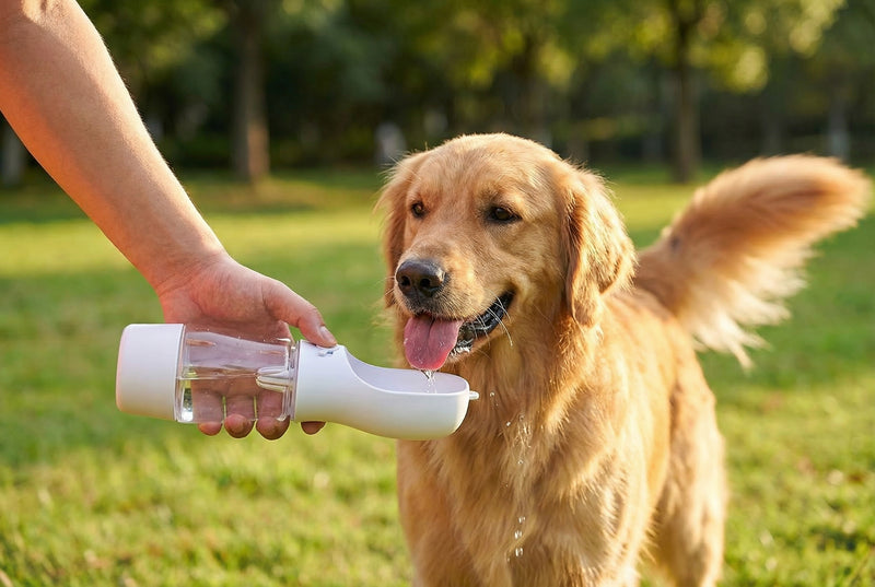 Botella de agua y comida para mascotas